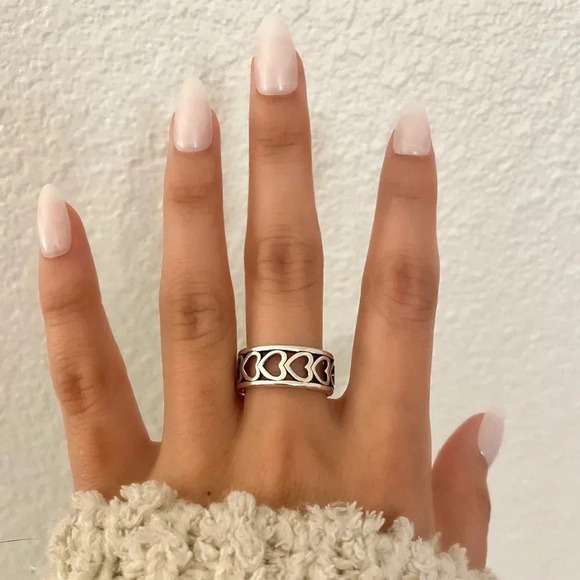 925 Sterling Silver Heart Cutout Ring Minimalist Boho Ring Stackable Ring Band - Picture 2 of 5